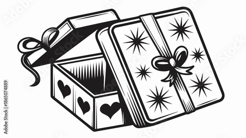 Black and white illustration of gift box with playing cards