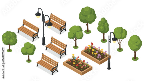 Isometric collection of essential park and garden elements, including wooden benches, street lamps, various trees, and vibrant flowerbeds, perfect for designing outdoor recreational spaces.