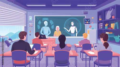 Students in a classroom watching a robot presentation on a screen, learning about education technology