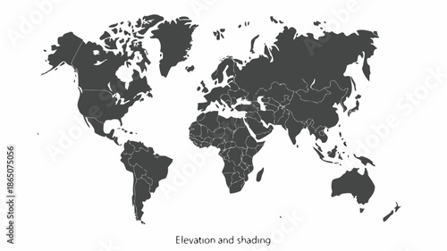 Dark gray world map with elevation and shading details