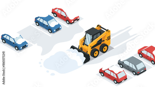 Isometric illustration depicting a compact yellow snow plow efficiently clearing snow from a parking lot, with several snow-covered cars nearby, symbolizing winter road maintenance.