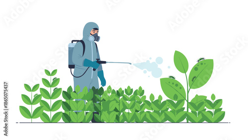 Man in a full protective suit and respirator, diligently spraying pesticide on green plants infested with caterpillars, illustrating pest control and agricultural chemical application.