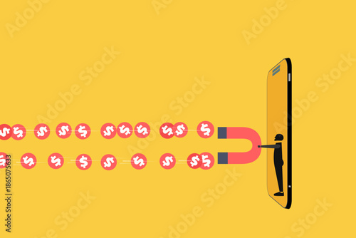 Businessman holding a magnet to attract a stream of money. concept of power to attract business opportunity and earn more profit or increase wealth, salary raise or earn more income