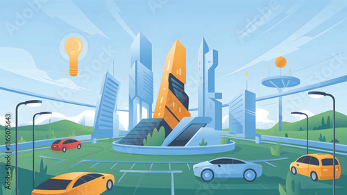 Futuristic city landscape with modern buildings and electric cars, modern architecture technology
