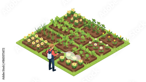 Isometric illustration of a farmer diligently spraying rows of vibrant plants and flowers in a large, well-organized garden, symbolizing agricultural pest control and plant cultivation.