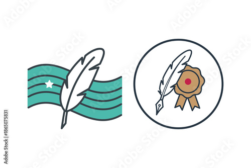 Set of two line art writer icons featuring a quill pen with a flag and a wax seal award for official and legal concepts