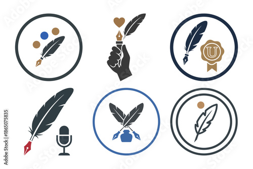 Set of six line art vintage writer icons with candle envelope laurel wreath and books for literature and poetry concepts