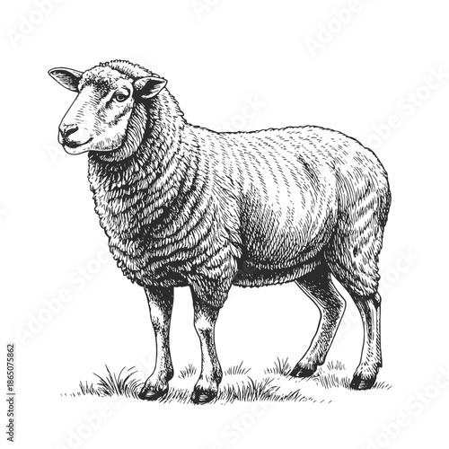 Vintage hand drawn sheep engraving illustration in black and white. Detailed farm animal line art in classic etching style, isolated on white. 
