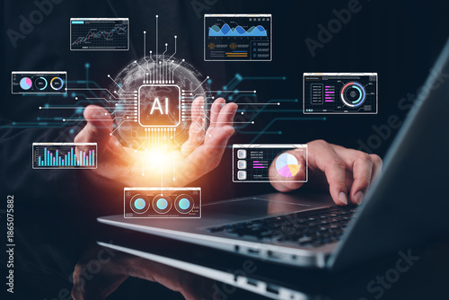 Business professional using laptop while presenting glowing AI core with analytics dashboards, artificial intelligence, data analysis, digital transformation, smart systems, innovation concept.