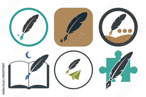 Set of six vintage feather quill pen icons for writer author and literature concepts with inkwell book and bridge