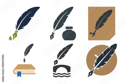Set of six vintage quill pen logo icons for writing poetry and history with scroll candle and inkwell elements