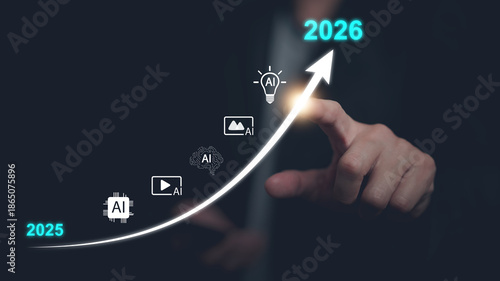 Human hand touch glowing upward curve with AI icons from 2025 to 2026, artificial intelligence growth, future technology progress, business innovation, digital transformation, strategic advancement.