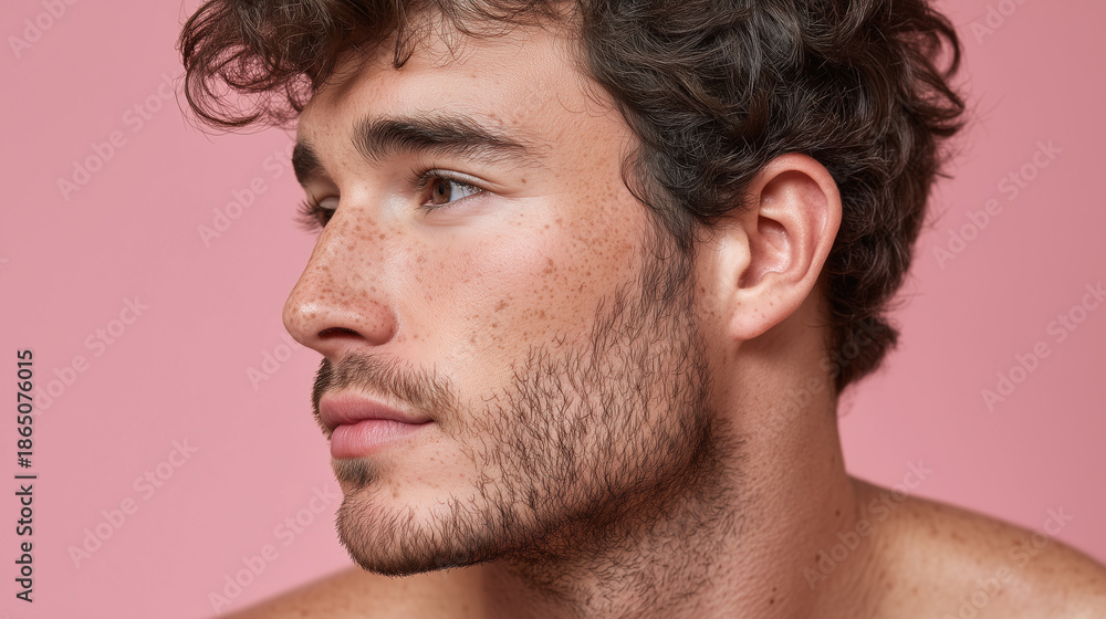 Obraz premium Freckled male profile with curly hair and light beard looking thoughtfully against pink background with soft beauty lighting creating calm and natural mood