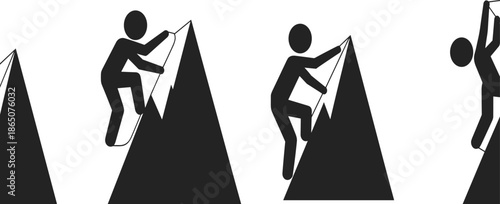 PrintMountain Climbing Progress Icons Vector Set, Climber Silhouette Reaching Peak, Mountaineering, Success, and Challenge Achievement Symbol Graphic, Business Goal Concept Illustration.