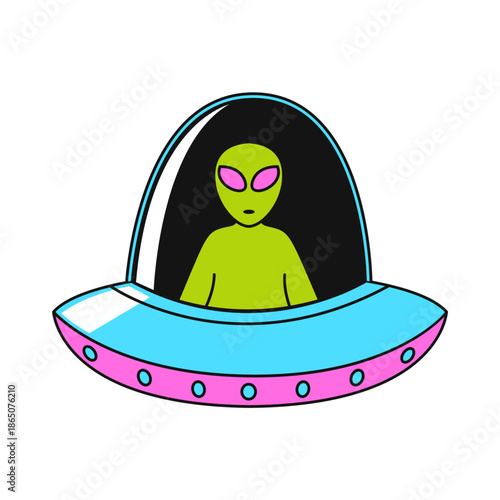 Illustration of a retro-style flying saucer with a green alien peeking out from the cockpit window, evoking a sense of science fiction and extraterrestrial encounter