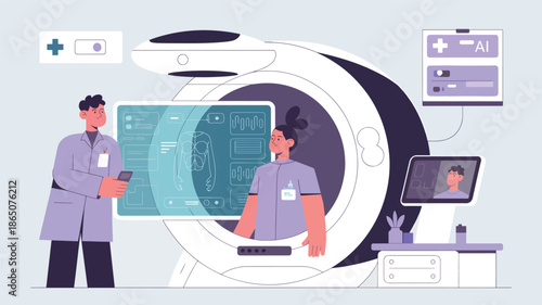 Doctor and nurse with medical scanner and AI interface, MRI machine, and CT scanner