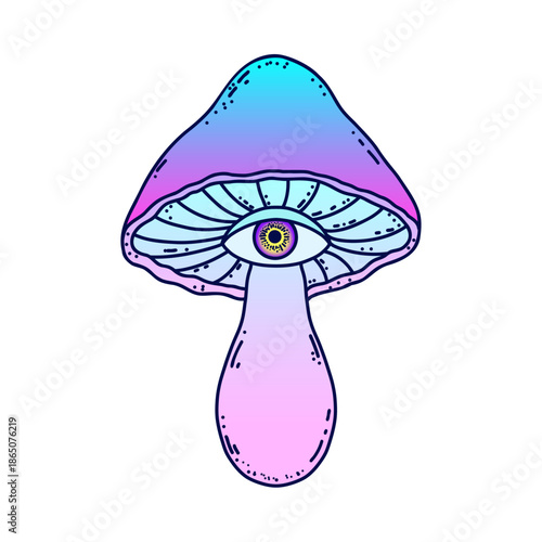 Whimsical Psychedelic Mushroom with an All-Seeing Eye, a Symbol of Mysticism and Cosmic Awareness