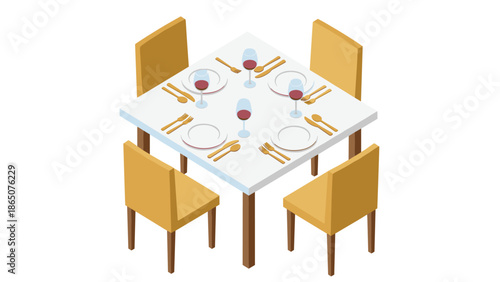 Isometric illustration of an elegantly set square dining table for four, complete with plates, cutlery, and wine glasses, ready for a meal in a restaurant or home setting.