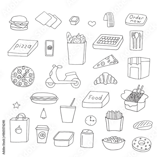 Food Delivery — Line Icons and Hand Drawn Elements Set