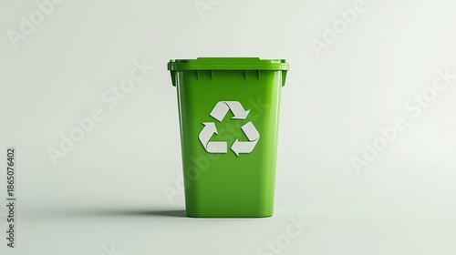 A detailed green recycling bin with realistic texture and neatly shaped form on a flat white backdrop. 