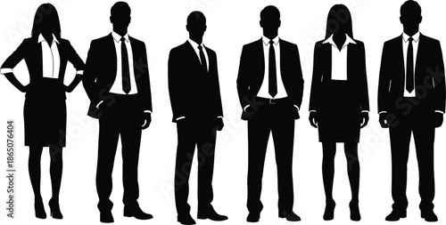 ollection of Black Vector Silhouettes Featuring a Diverse Group of Professional Businessmen and Businesswomen, Ideal for Corporate, Finance, and Career Concepts.