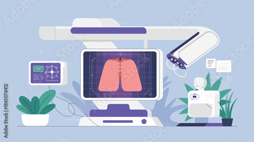 Medical imaging equipment displaying lungs with digital interface