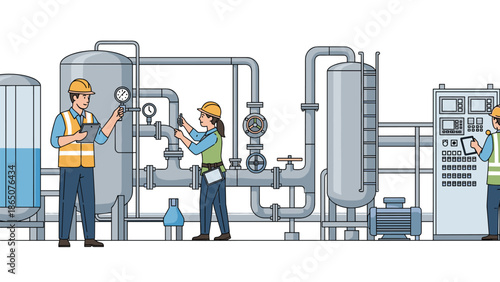 Detailed illustration of a water treatment plant, showcasing workers inspecting gauges on complex pipe systems and operating a control panel, highlighting industrial water purification and management.