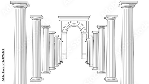 Perspective view of a stately colonnade, featuring a series of classical columns leading towards an elegant archway, evoking ancient Roman or Greek architecture and historical grandeur.
