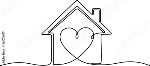 One Continuous Line Drawing of a Simple House with a Heart Shape Inside Representing Love Home Sweet Home and Family Security