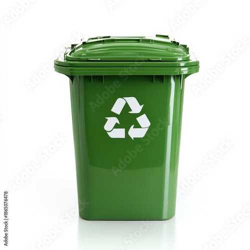 A glossy green recycle trash bin centered on a bright white backdrop, perfectly lit with soft reflections. 