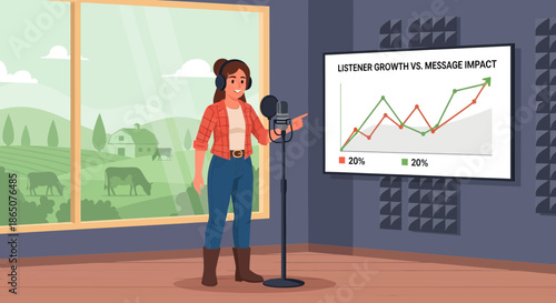 Woman Presenting Data with Microphone in Studio Setting.