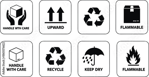 Packaging and shipping logistics symbols set with handle with care recycle keep dry and flammable icons, cardboard box delivery instruction signs vector