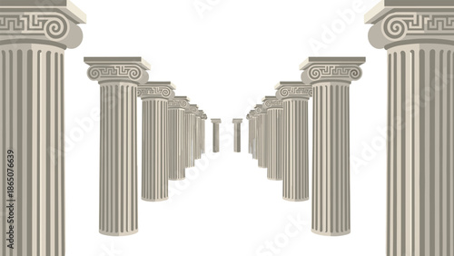 Extensive perspective view of numerous classical columns stretching into the distance, creating an imposing and symmetrical architectural pathway reminiscent of ancient Greek or Roman structures.