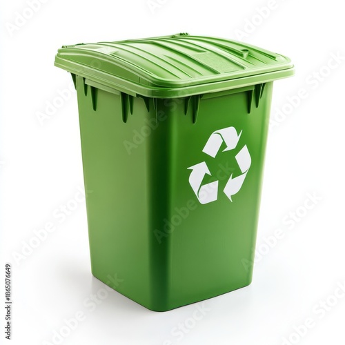 A sturdy green recycle bin positioned against a clean white background with crisp, balanced lighting. 