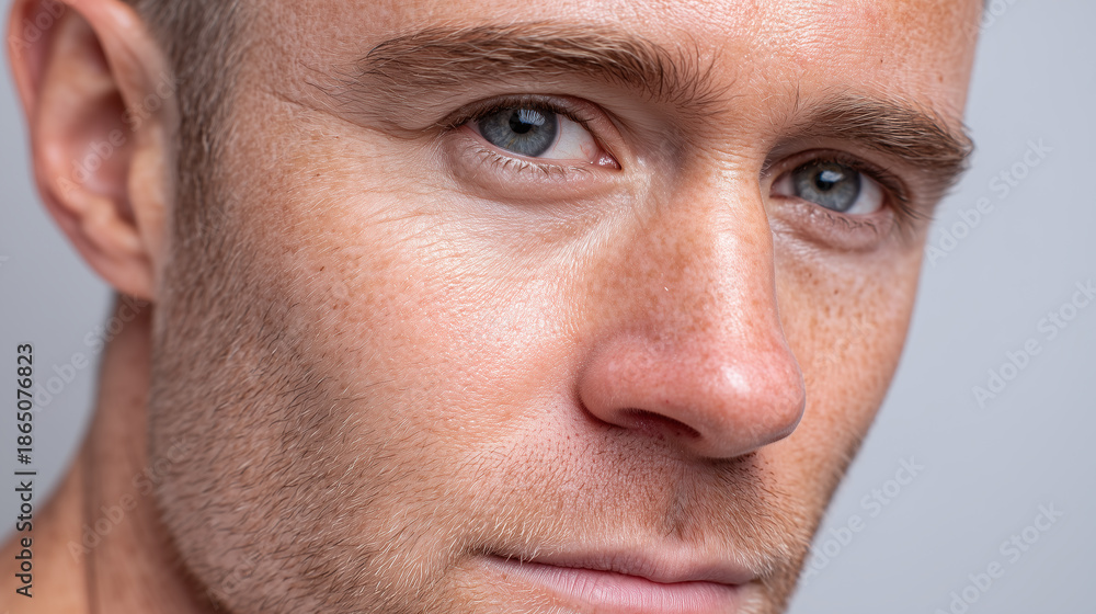 Obraz premium Close up of hydrated male face with fine micro shimmer and bright grey eyes showing natural skin texture and light facial hair