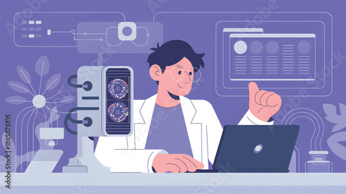 Scientist in a lab coat with a laptop and futuristic equipment, laboratory research, technology, computer 