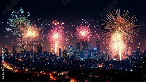 City skyline at night filled with spectacular New Year fireworks, crowds cheering and celebrating in silhouettes, 