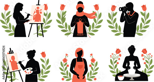 Painting, Knitting, Photography, and Pottery with Floral Accents.