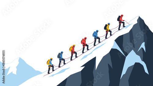Determined line of mountaineers, equipped with ropes and backpacks, steadily ascending a steep, snowy mountain peak, symbolizing teamwork, challenge, ambition, and extreme adventure.