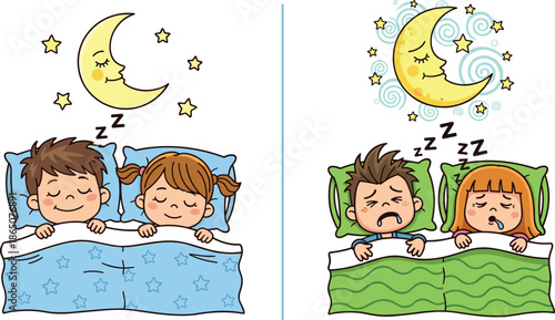 peaceful and restful sleep versus struggling with night terrors and drooling, bad sleep concept.