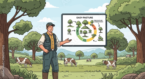 Farmer Explaining Agroforestry Benefits in a Lush Pasture.