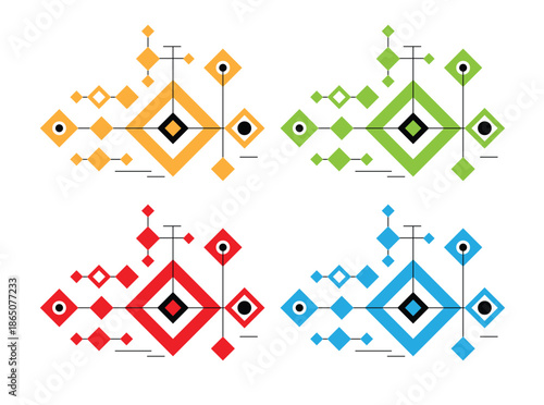 Ethnic Geometric Pattern with Squares Lines and Circles Different Colors. Graphic design elements and resources vector art