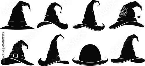 Set of Black Witch Hat Silhouettes with Spiders and Cobwebs Isolated on White Background for Halloween Party Invitations and Spooky Decorations