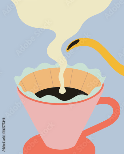 A minimalist flat illustration of pour-over coffee brewing in a cup with a paper filter and steam rising. Soft pastel colors and simple shapes create a cozy morning coffee concept.
