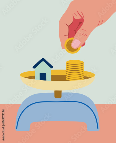 A minimalist flat illustration showing a hand placing a coin onto a scale with a house and stacked coins, symbolizing home price, affordability, mortgage costs, and saving for property.