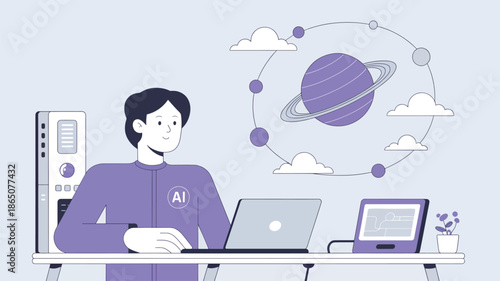 A man with AI on a shirt works on a laptop with a planetary system in the background, artificial intelligence