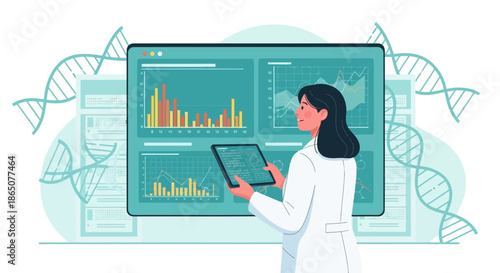 Scientist Analyzing Data on Screen with Tablet in Lab.