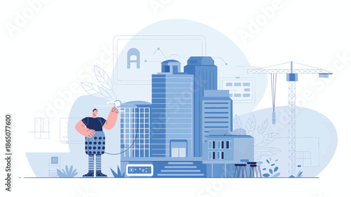 Man interacts with a digital interface near blue buildings and a construction crane interacting screen 