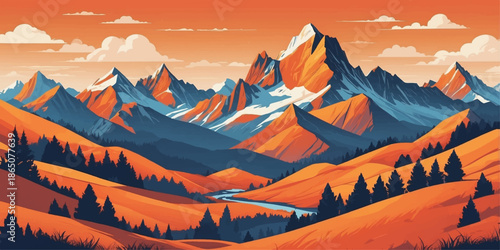 Panoramic sunset view of high alpine mountain peaks and snow covered forest landscape under a cloudy winter sky in the cold rocky alps