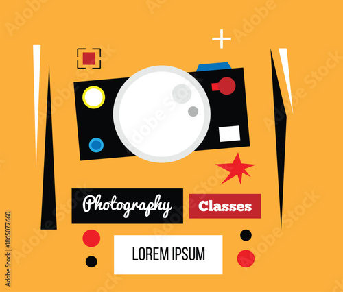 Photography Classes Banner with Vintage Camera Copy Space. Education and artistic activities, leisure and hobby vector art